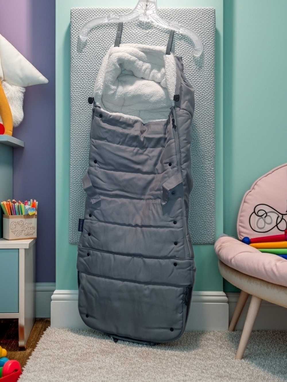 SLEEPING BAG BY Cosy Daisy Gray with White Sherpa Like Lining .